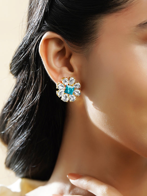 Rubans Voguish 18K Gold-Plated Blue & White Crystal AD Floral Stud Earrings