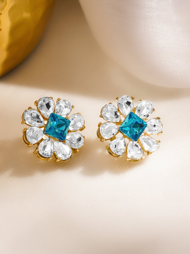 Rubans Voguish 18K Gold-Plated Blue & White Crystal AD Floral Stud Earrings