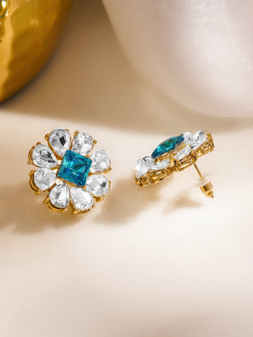 Rubans Voguish 18K Gold-Plated Blue & White Crystal AD Floral Stud Earrings