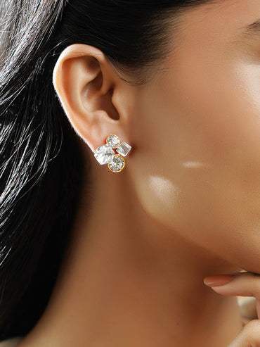 Rubans Voguish 18K Gold-Plated White Crystal Cluster Statement Stud Earrings