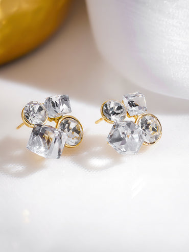 Rubans Voguish 18K Gold-Plated White Crystal Cluster Statement Stud Earrings