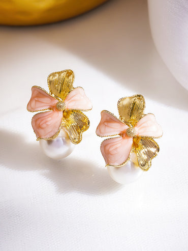 Pink Floral Motif Pearl Drop Stud Earrings