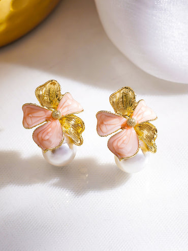 Pink Floral Motif Pearl Drop Stud Earrings