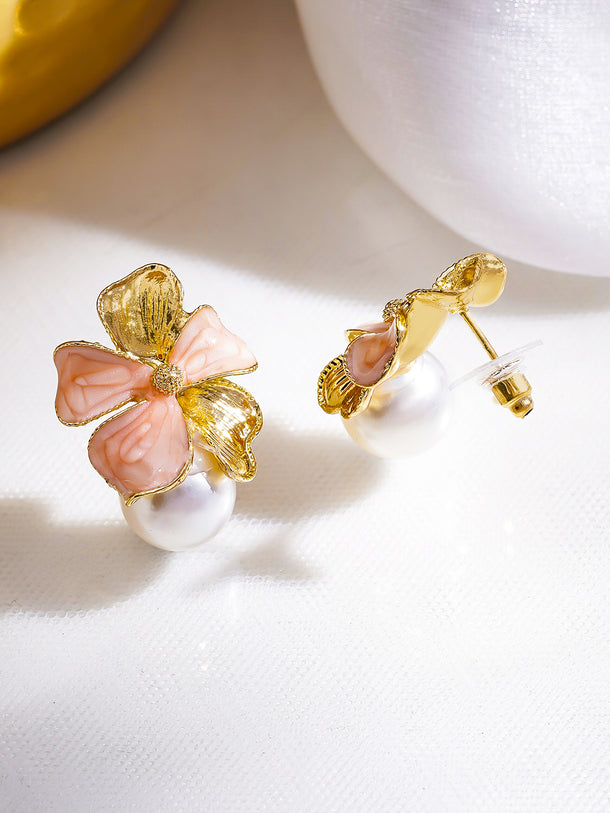 Pink Floral Motif Pearl Drop Stud Earrings