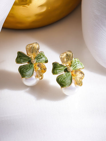 Green Floral Motif Pearl Drop Stud Earrings