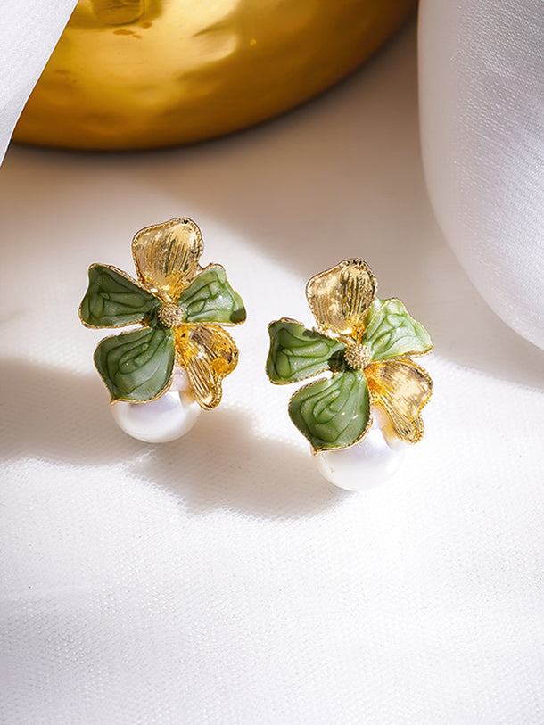 Green Floral Motif Pearl Drop Stud Earrings