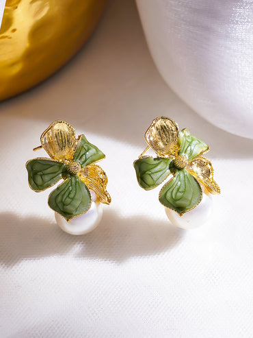Green Floral Motif Pearl Drop Stud Earrings