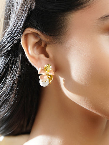 Pink Floral Motif Pearl Drop Stud Earrings