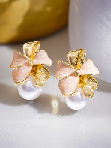 Pink Floral Motif Pearl Drop Stud Earrings