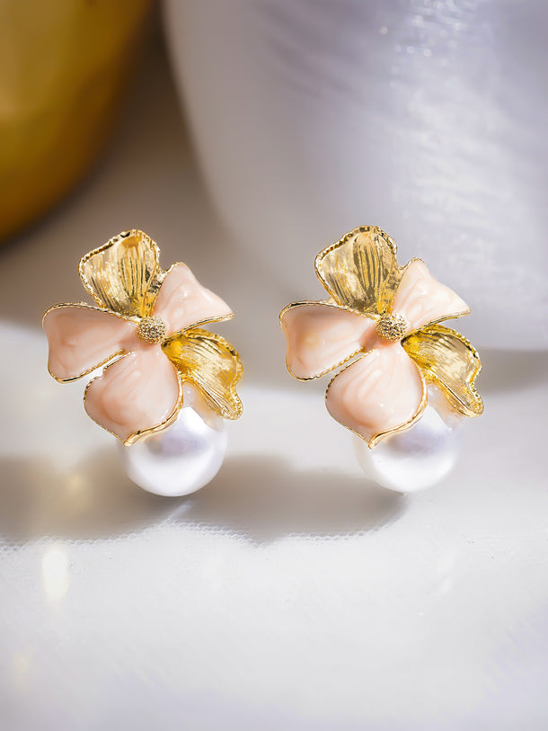 Pink Floral Motif Pearl Drop Stud Earrings