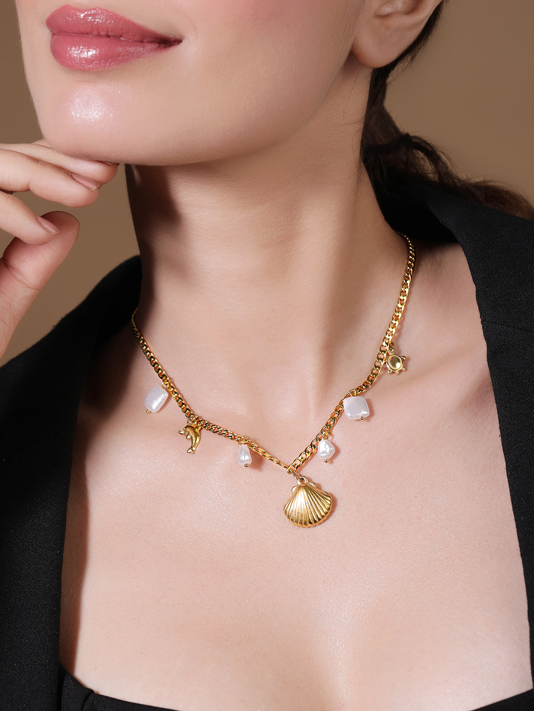 18K Gold-Plated Stainless Steel Tarnish-Free Waterproof Shell & Charm Necklace