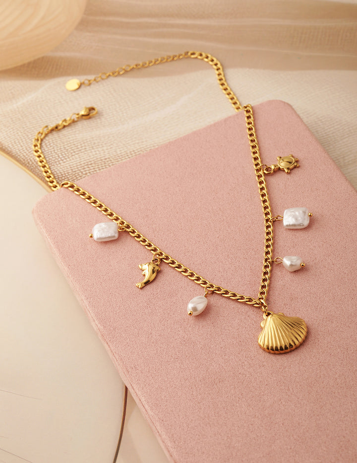 18K Gold-Plated Stainless Steel Tarnish-Free Waterproof Shell & Charm Necklace