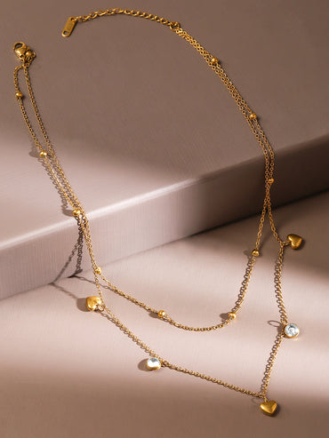 Gold Layered Necklace With Heart & Crystal Charms