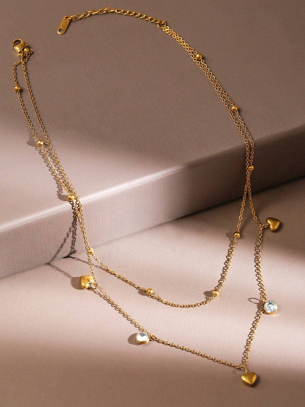 Gold Layered Necklace With Heart & Crystal Charms