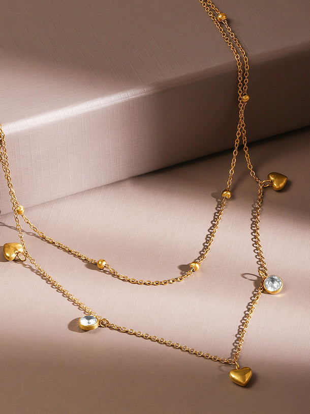 Gold Layered Necklace With Heart & Crystal Charms