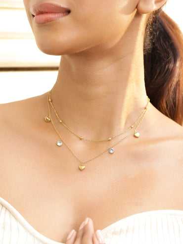Gold Layered Necklace With Heart & Crystal Charms