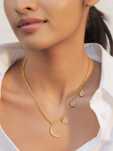Gold Toned Necklace With Floral Moon Charms