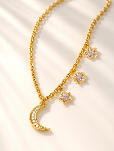 Gold Toned Necklace With Floral Moon Charms