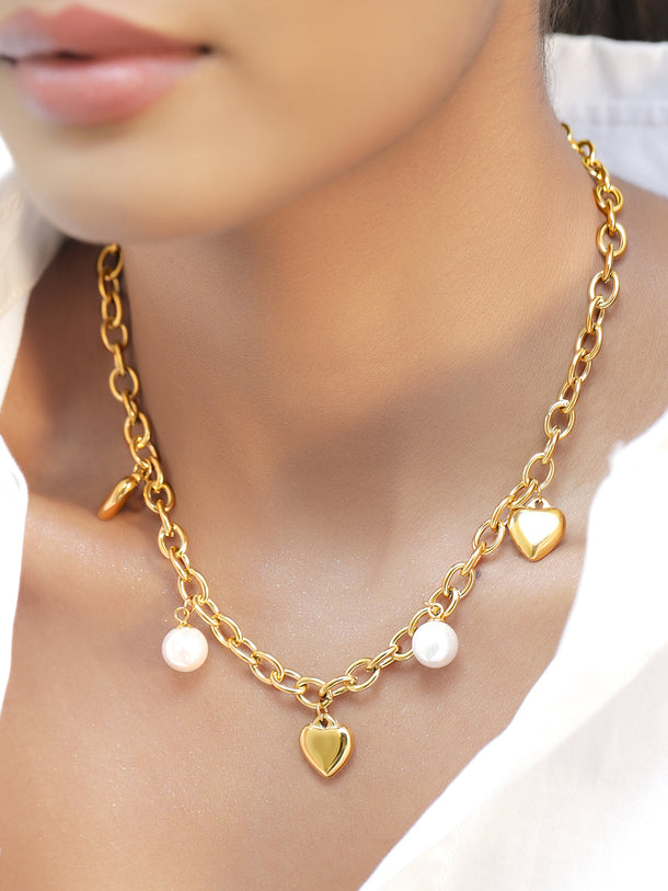 Pearl & Heart Charm Gold Necklace