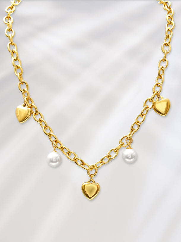 Pearl & Heart Charm Gold Necklace