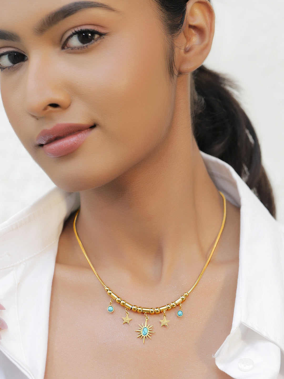 Rubans 22K Gold-Plated Brass Statement Charm Necklace with Sun, Star & Turquoise Blue Beads