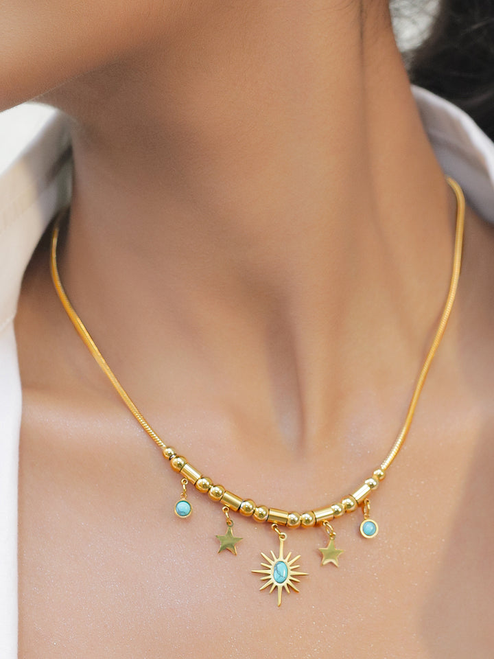 Rubans 22K Gold-Plated Brass Statement Charm Necklace with Sun, Star & Turquoise Blue Beads