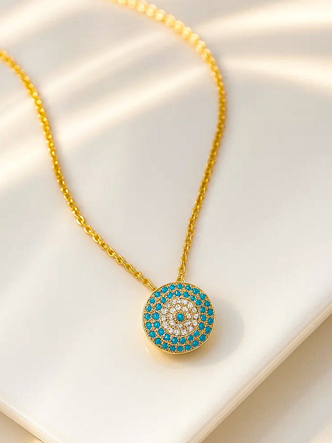 Rubans 18K Gold-Plated Brass Pendant Necklace with Turquoise Blue Stone & Cubic Zirconia
