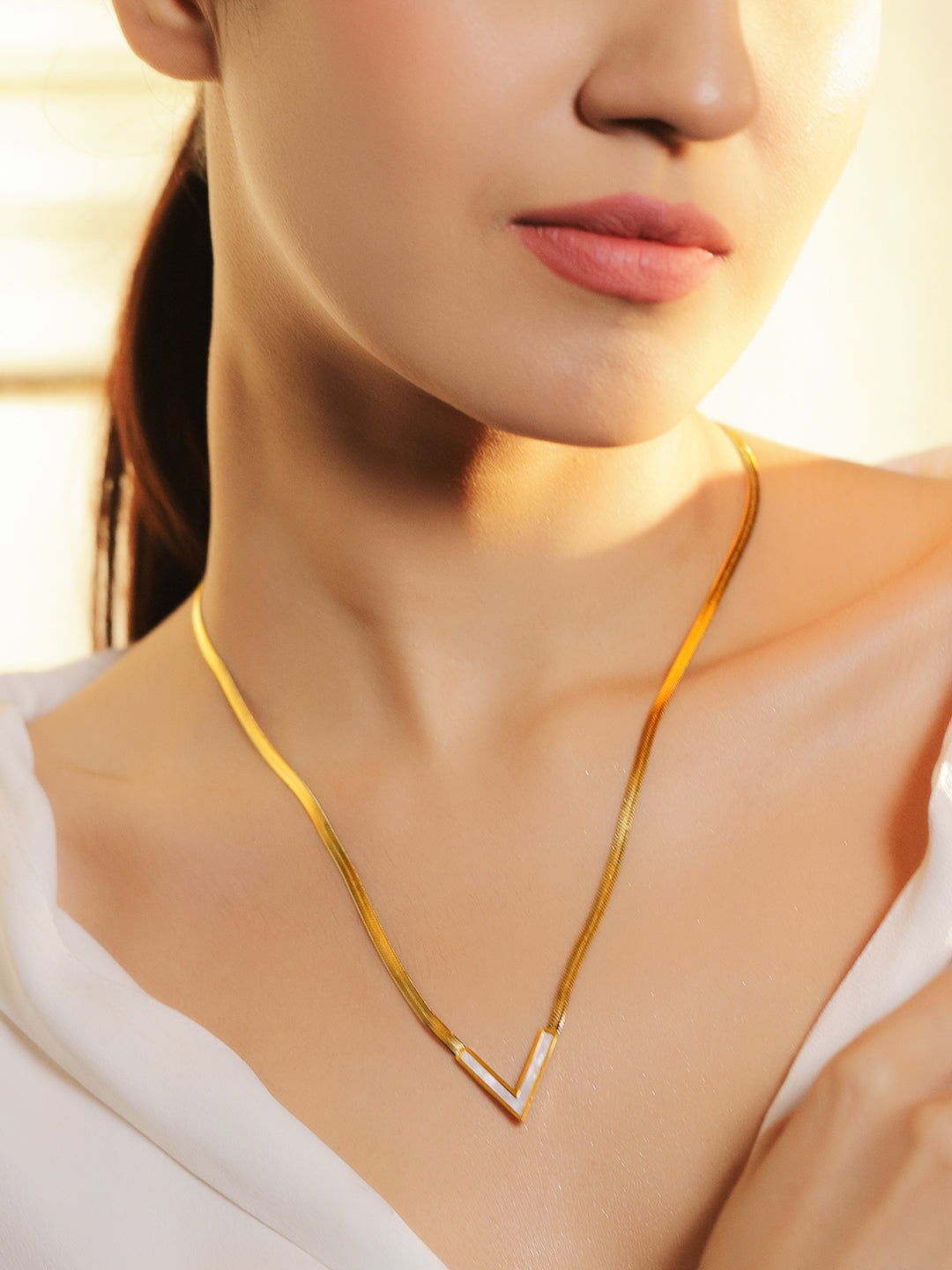 Rubans Voguish 18K Gold-Plated Stainless Steel Tarnish-Free Waterproof White V Necklace