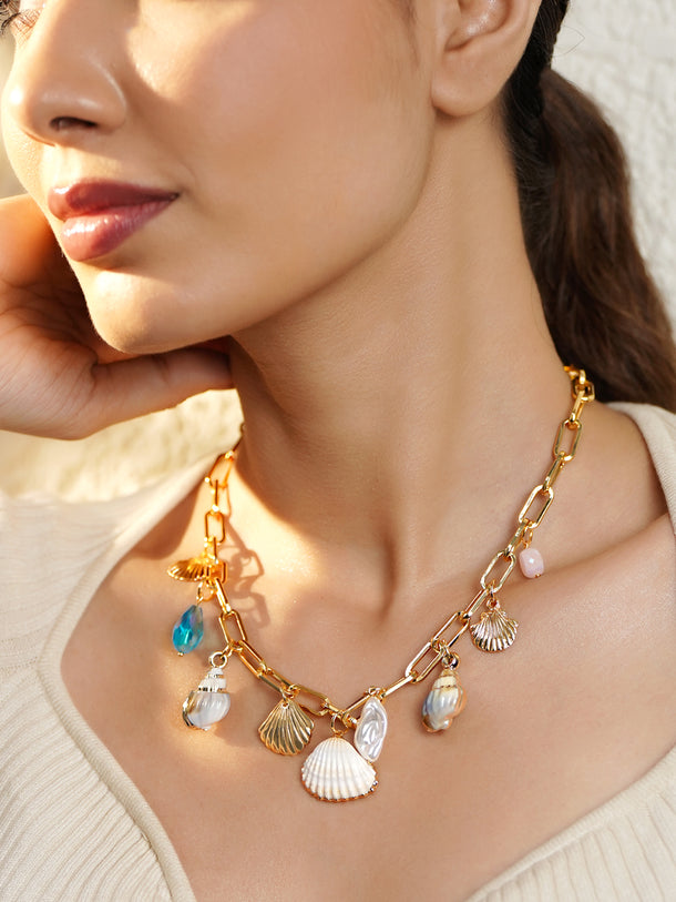 Gold Necklace With Crystal & Shell Drops