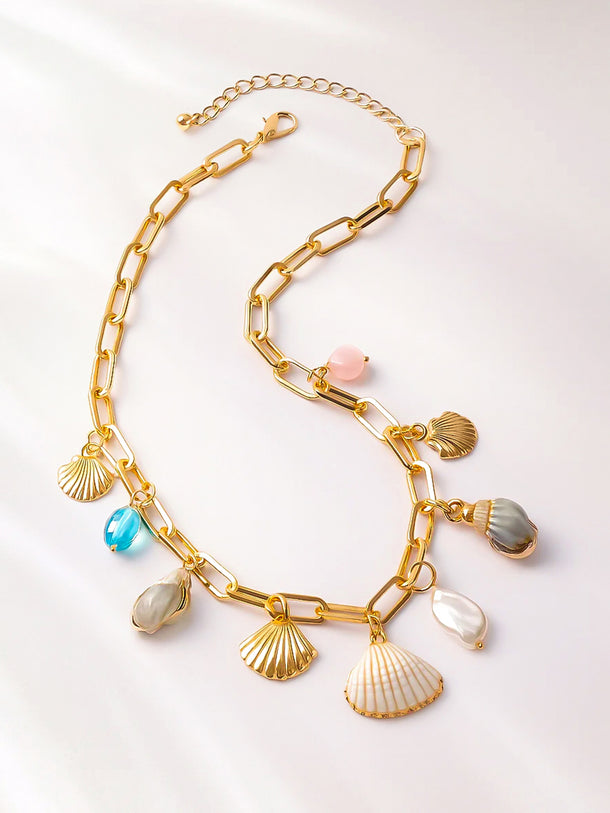 Gold Necklace With Crystal & Shell Drops