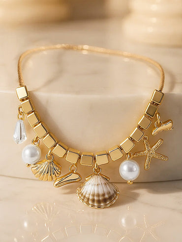 Rubans Voguish 18K Gold-Plated Sea Shell & Pearl Charm Stainless Steel Waterproof Necklace