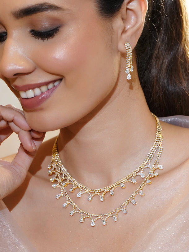 Rubans Voguish 18K Gold-Plated Crystal AD Studded Dual-Layer Droplet Necklace Set