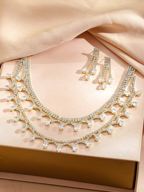 Rubans Voguish 18K Gold-Plated Crystal AD Studded Dual-Layer Droplet Necklace Set