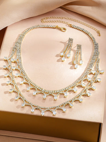 Rubans Voguish 18K Gold-Plated Crystal AD Studded Dual-Layer Droplet Necklace Set
