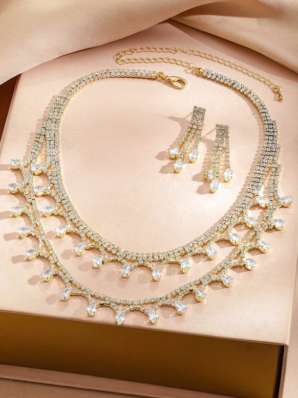 Rubans Voguish 18K Gold-Plated Crystal AD Studded Dual-Layer Droplet Necklace Set