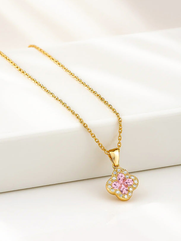 Pink Floral Crystal Gold Pendant Necklace