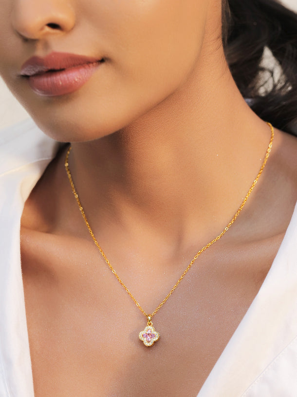 Pink Floral Crystal Gold Pendant Necklace