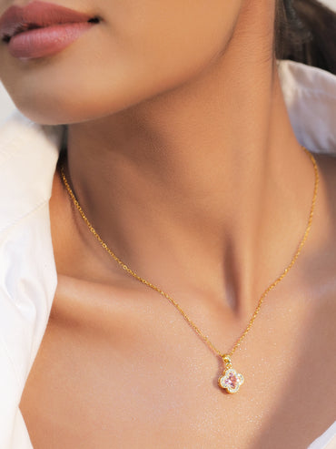 Pink Floral Crystal Gold Pendant Necklace