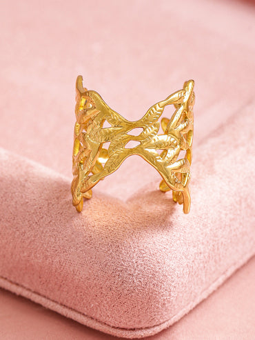 Rubans Voguish 18K Gold Plated Stainless Steel Tarnish-Free Waterproof Leaf Motif Adjustable Ring