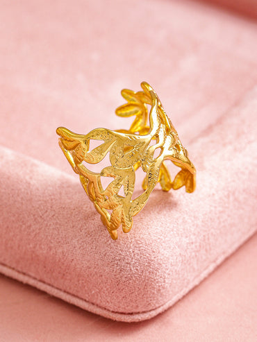 Rubans Voguish 18K Gold Plated Stainless Steel Tarnish-Free Waterproof Leaf Motif Adjustable Ring