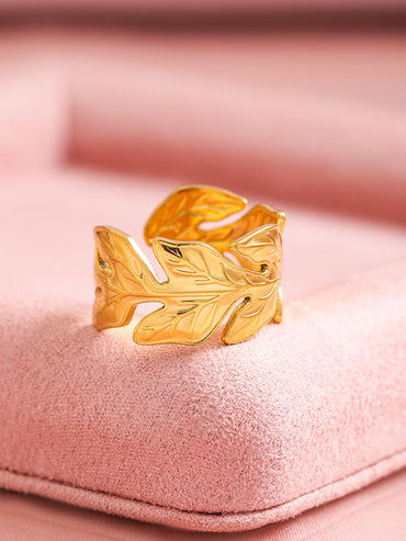 Rubans Voguish 18K Gold Plated Stainless Steel Tarnish-Free Waterproof Leaf Motif Adjustable Ring