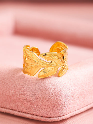 Rubans Voguish 18K Gold Plated Stainless Steel Tarnish-Free Waterproof Leaf Motif Adjustable Ring
