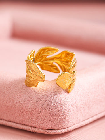 Rubans Voguish 18K Gold Plated Stainless Steel Tarnish-Free Waterproof Leaf Motif Adjustable Ring