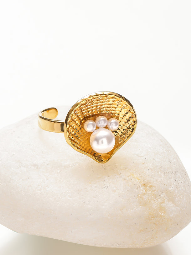 Rubans Voguish 18K Gold-Plated Stainless Steel Tarnish-Free Waterproof Shell Design Adjustable Ring with Pearls
