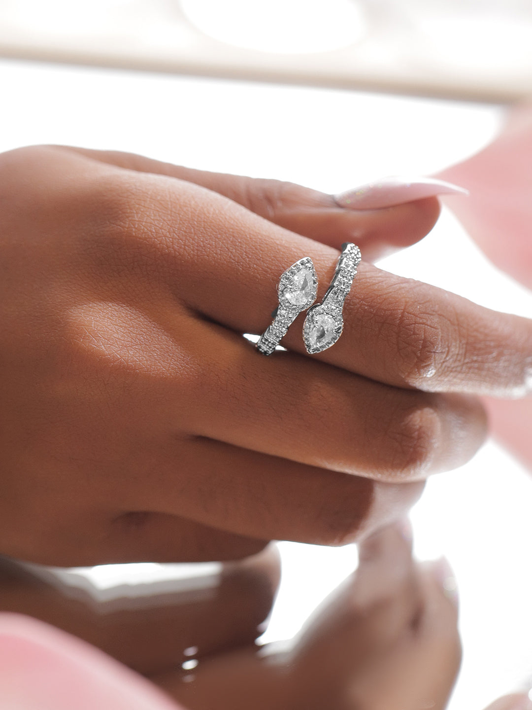 Rubans Voguish Rhodium-Plated Stainless Steel Tarnish-Free Waterproof Adjustable Ring with Twin Pear-Shaped Cubic Zirconia Detailing