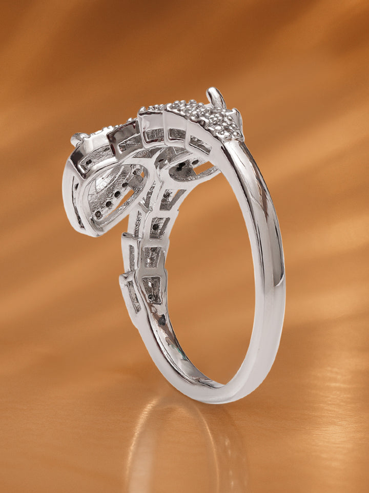 Rubans Voguish Rhodium-Plated Stainless Steel Tarnish-Free Waterproof Adjustable Ring with Twin Pear-Shaped Cubic Zirconia Detailing