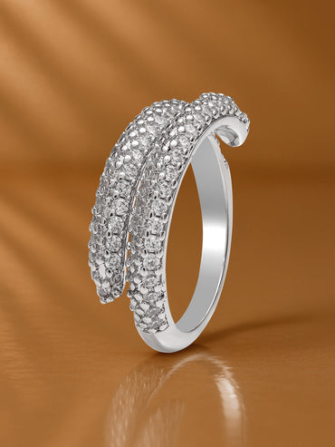 Rubans Rhodium-Plated Stainless Steel Tarnish-Free Waterproof Adjustable Ring with Cubic Zirconia Studded Dual-Band Design