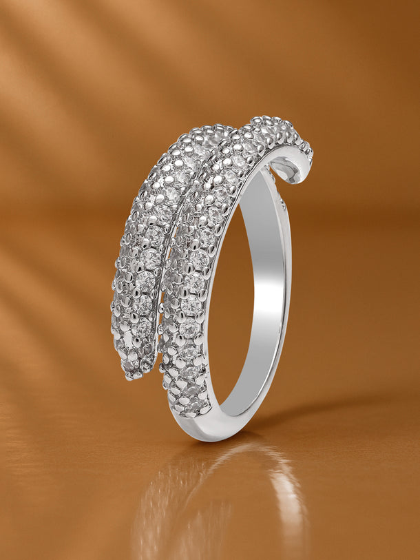 Rubans Rhodium-Plated Stainless Steel Tarnish-Free Waterproof Adjustable Ring with Cubic Zirconia Studded Dual-Band Design