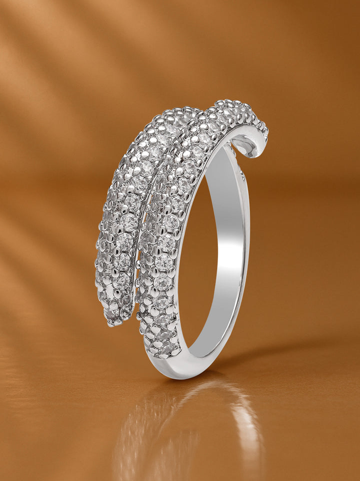 Rubans Rhodium-Plated Stainless Steel Tarnish-Free Waterproof Adjustable Ring with Cubic Zirconia Studded Dual-Band Design