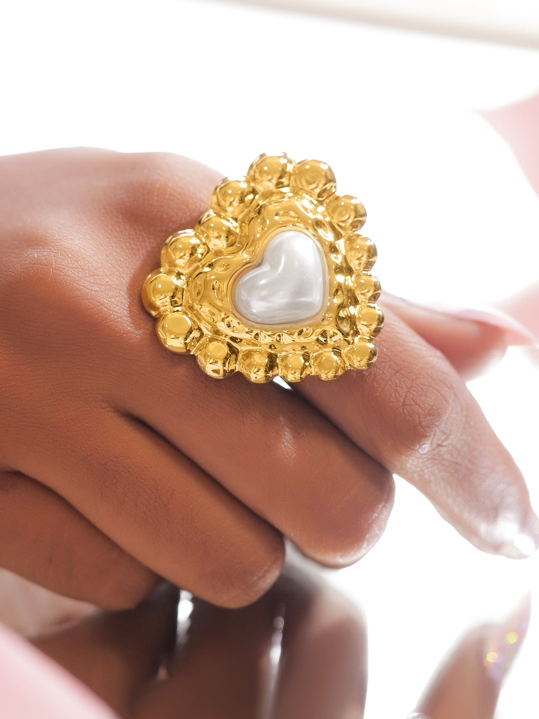 Rubans Voguish 18K Gold-Plated Stainless Steel Tarnish-Free Waterproof Heart Pearl Statement Adjustable Ring